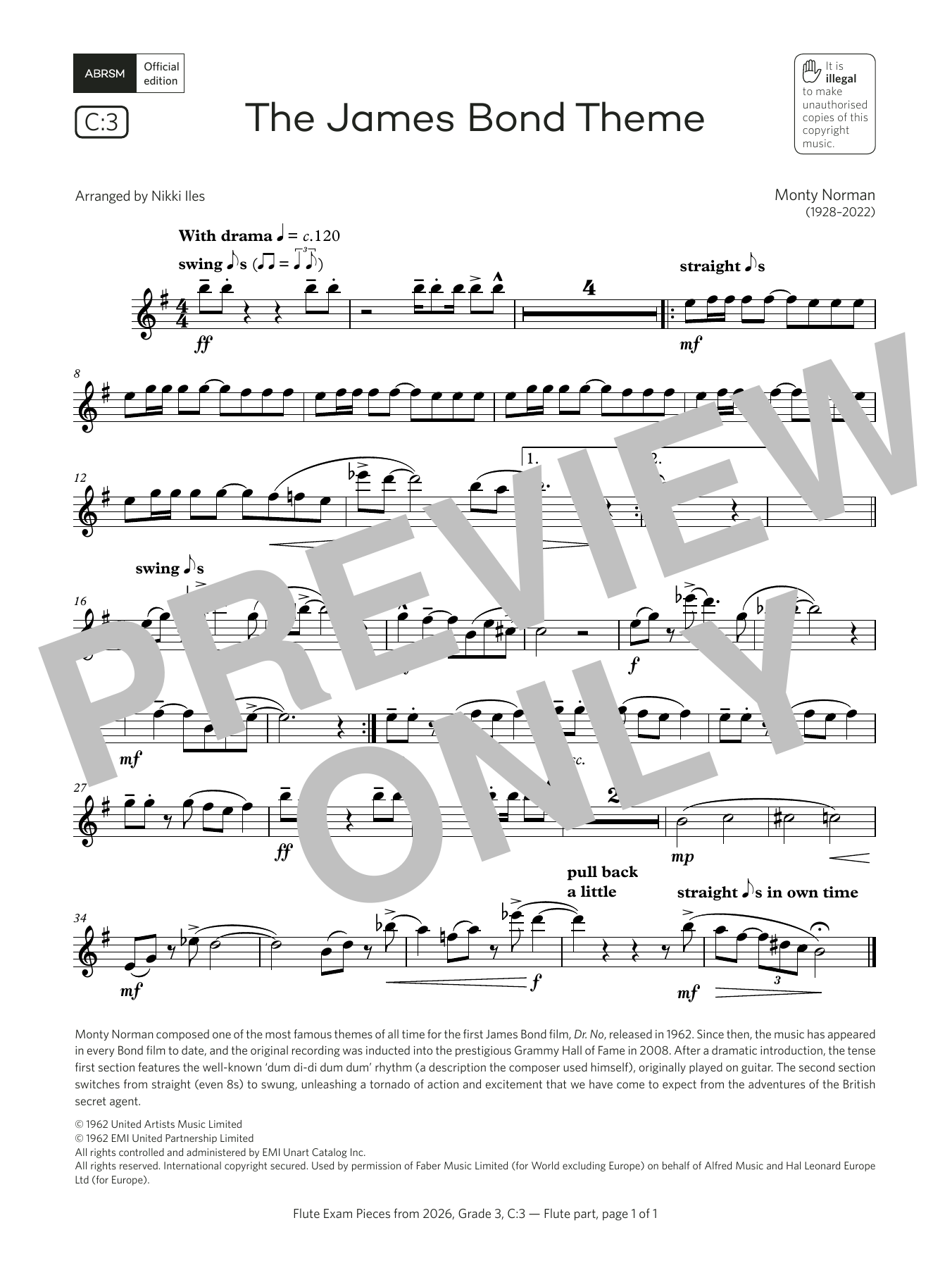 Monty Norman The James Bond Theme (Grade 3, list C3, from the ABRSM Flute Syllabus from 2026) sheet music, chords, lyrics - Printable PDF for Flute Solo