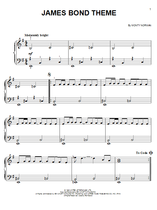 Monty Norman James Bond Theme Sheet Music Download Pdf Score 92639