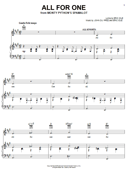 Learn to play Monty Python's Spamalot All For One sheet music for Easy Piano in minutes. Monty Python's Spamalot All For One sheet music preview music notes and score for Easy Piano including 5 page(s)
