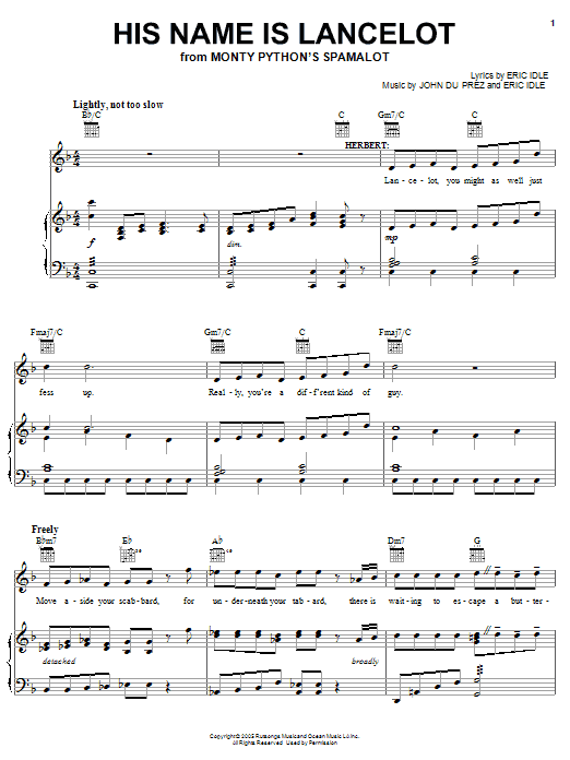 Learn to play Monty Python's Spamalot His Name Is Lancelot sheet music for Easy Piano in minutes. Monty Python's Spamalot His Name Is Lancelot sheet music preview music notes and score for Easy Piano including 6 page(s)