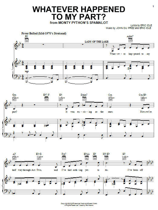 Learn to play Monty Python's Spamalot Whatever Happened To My Part? sheet music for Easy Piano in minutes. Monty Python's Spamalot Whatever Happened To My Part? sheet music preview music notes and score for Easy Piano including 6 page(s)