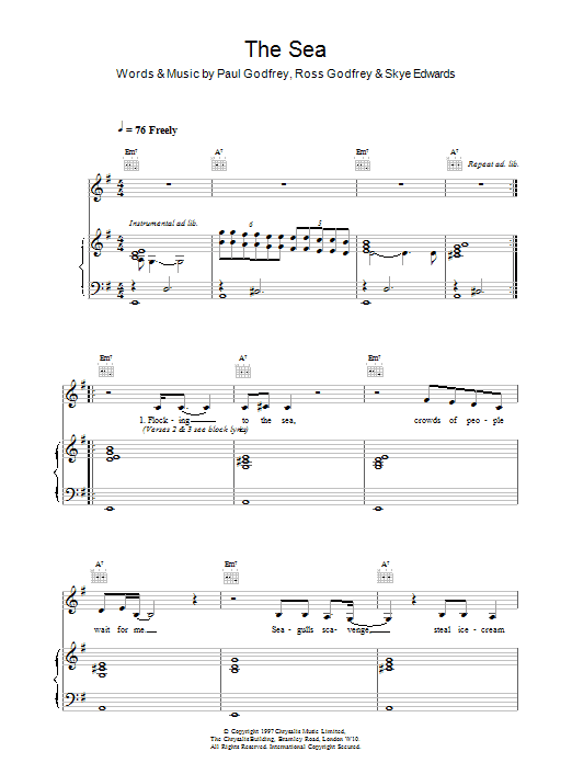 Morcheeba The Sea sheet music preview music notes and score for Piano, Vocal & Guitar including 5 page(s)