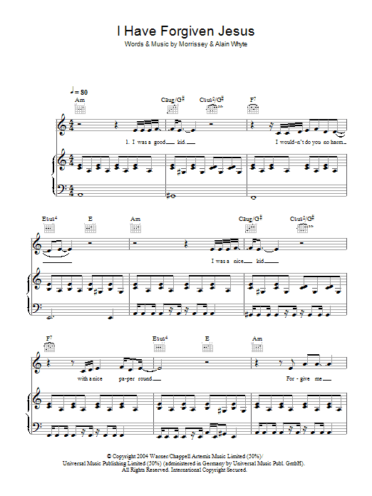 Morrissey I Have Forgiven Jesus sheet music, chords, lyrics - Printable PDF for Piano, Vocal & Guitar