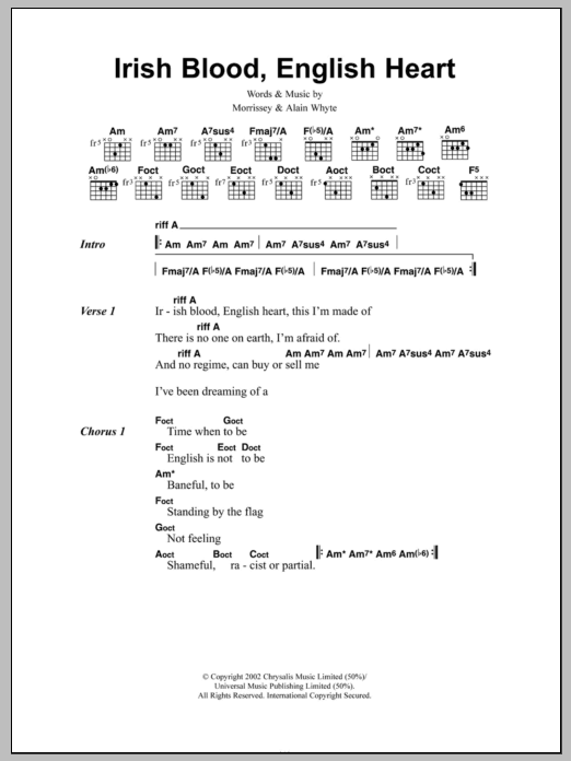 Morrissey Irish Blood, English Heart sheet music, chords, lyrics - Printable PDF for Lyrics & Chords
