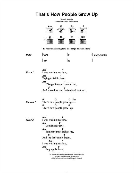 Morrissey That's How People Grow Up sheet music, chords, lyrics - Printable PDF for Lyrics & Chords