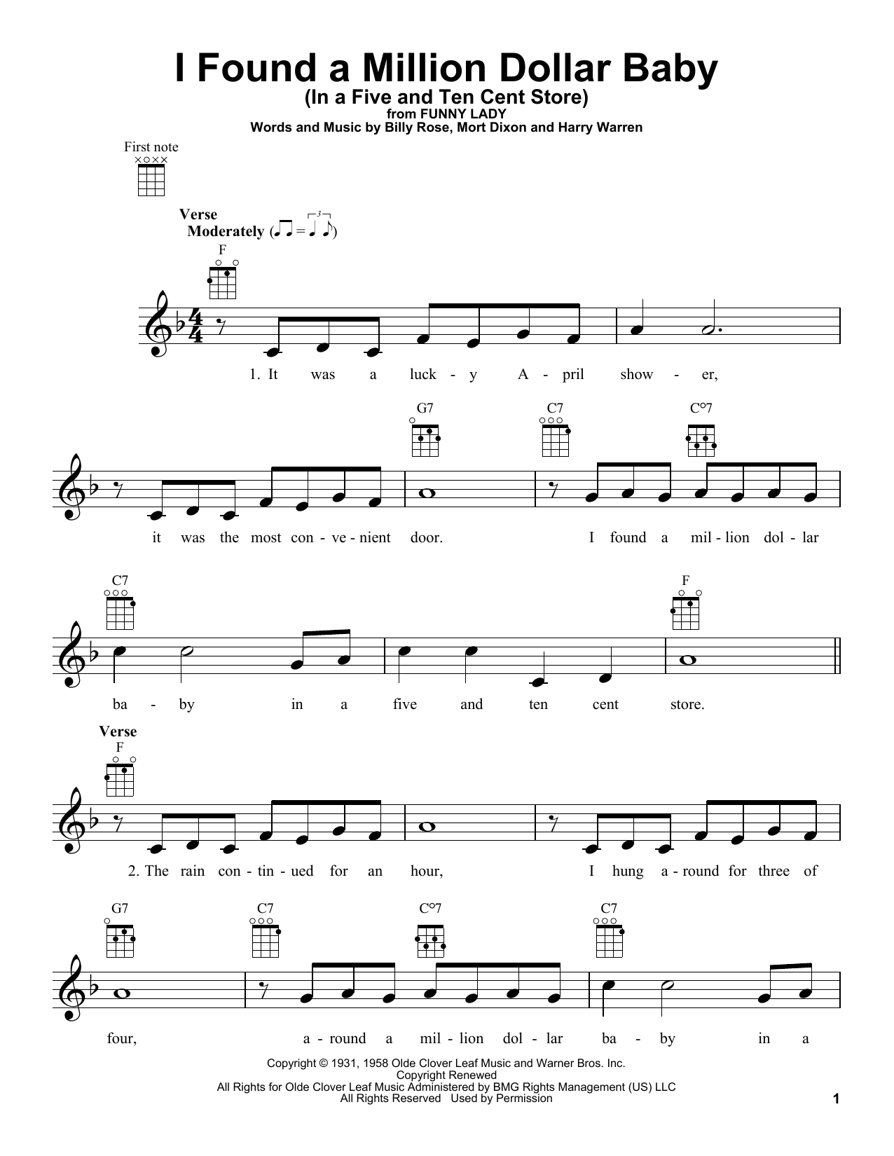Mort Dixon I Found A Million Dollar Baby (In A Five And Ten Cent Store) sheet music, chords, lyrics - Printable PDF for Ukulele