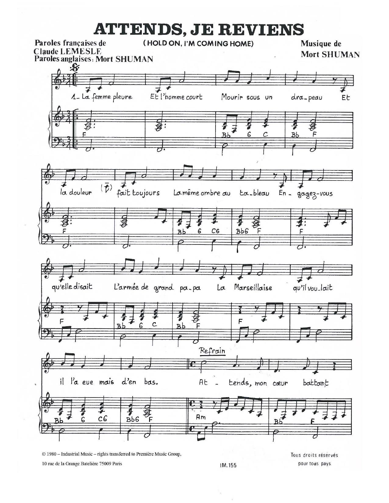 Mort Shuman Attends, Je Reviens sheet music, chords, lyrics - Printable PDF for Piano & Vocal
