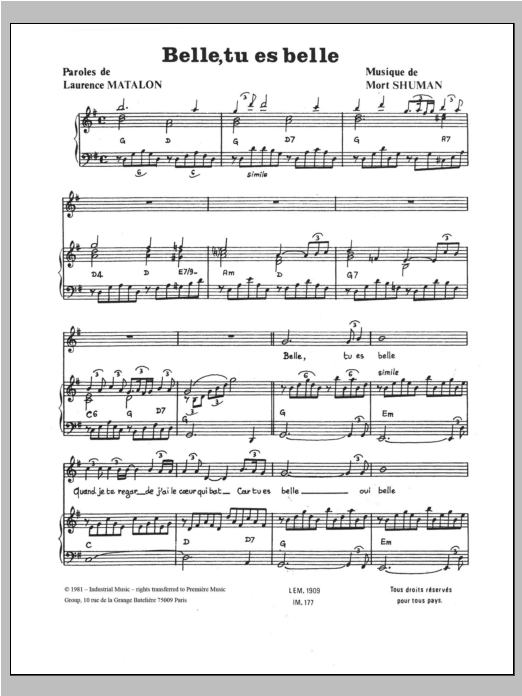 Mort Shuman Belle, Tu Es Belle sheet music, chords, lyrics - Printable PDF for Piano & Vocal