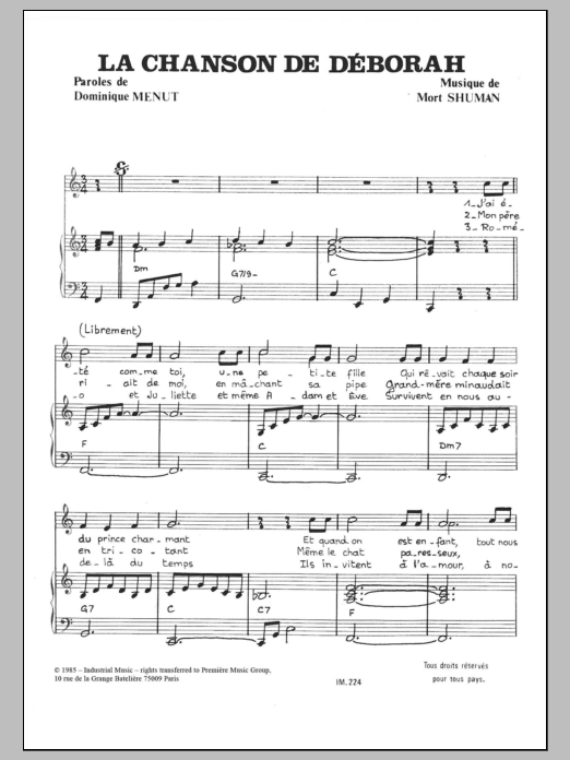 Mort Shuman Chanson De Deborah sheet music, chords, lyrics - Printable PDF for Piano & Vocal