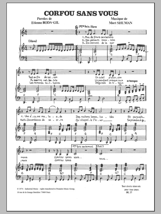 Mort Shuman Corfou, Sans Vous sheet music, chords, lyrics - Printable PDF for Piano & Vocal