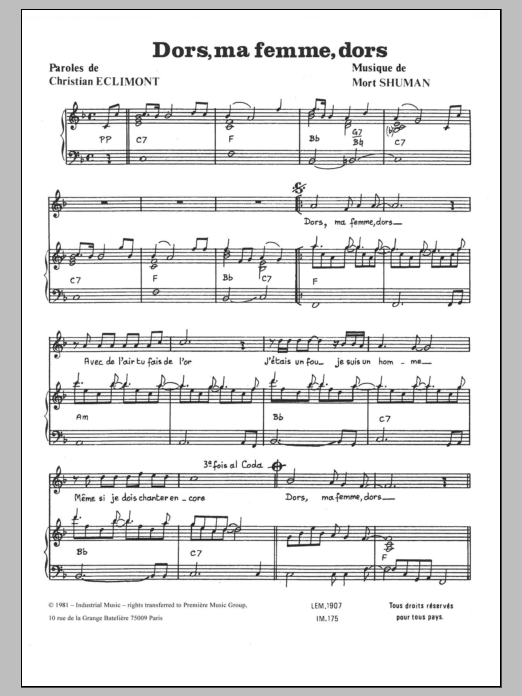 Mort Shuman Dors Ma Femme, Dors sheet music, chords, lyrics - Printable PDF for Piano & Vocal