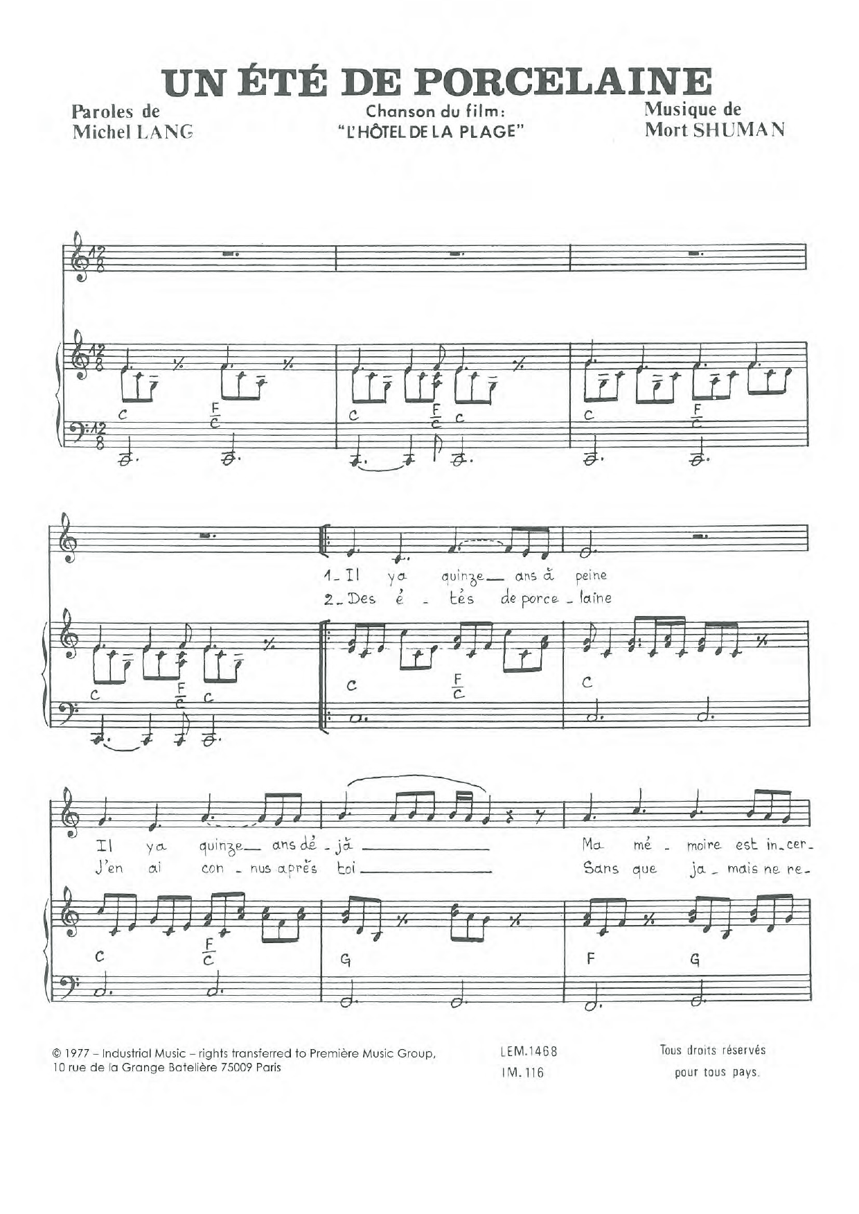 Mort Shuman Un Ete De Porcelaine sheet music, chords, lyrics - Printable PDF for Piano & Vocal