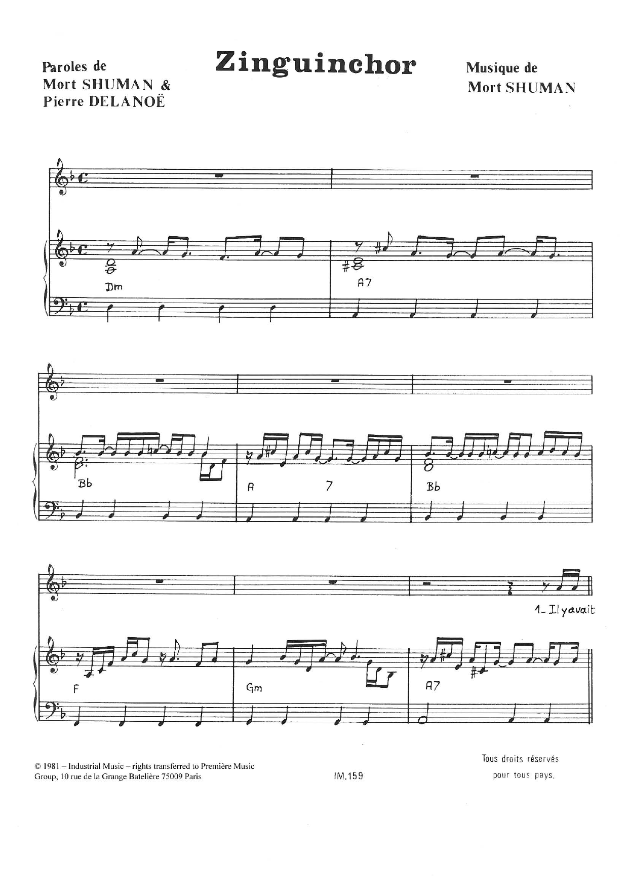 Mort Shuman Zinguinchor sheet music, chords, lyrics - Printable PDF for Piano & Vocal