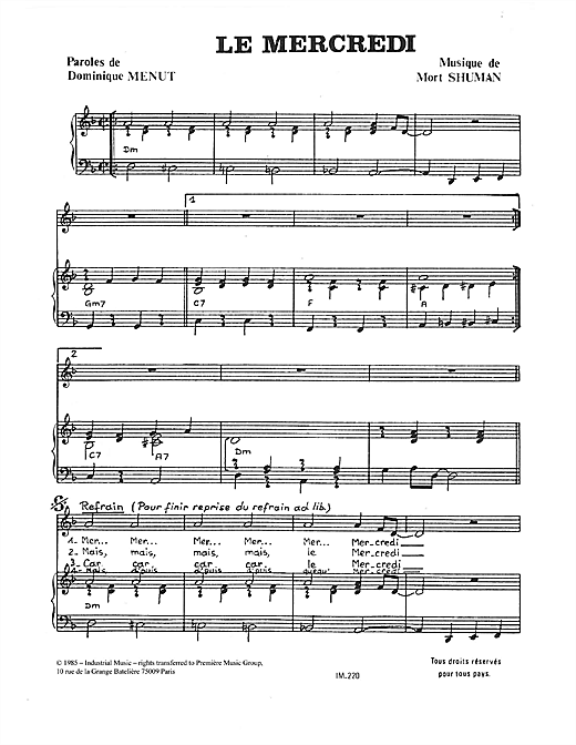 Learn to play Mort Shuman Le Mercredi sheet music for Piano & Vocal in minutes. Mort Shuman Le Mercredi sheet music notes and chords