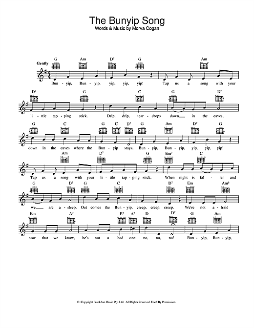 Learn to play Morva Cogan The Bunyip Song sheet music for Melody Line, Lyrics & Chords in minutes. Morva Cogan The Bunyip Song sheet music preview music notes and score for Melody Line, Lyrics & Chords including 2 page(s)