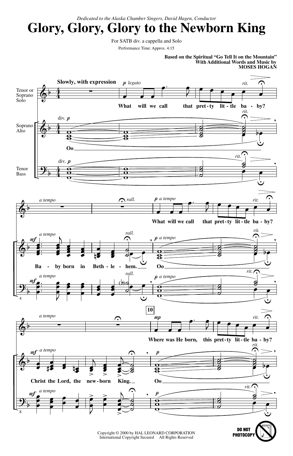 Moses Hogan Glory, Glory, Glory To The Newborn King sheet music, chords, lyrics - Printable PDF for SATB Choir
