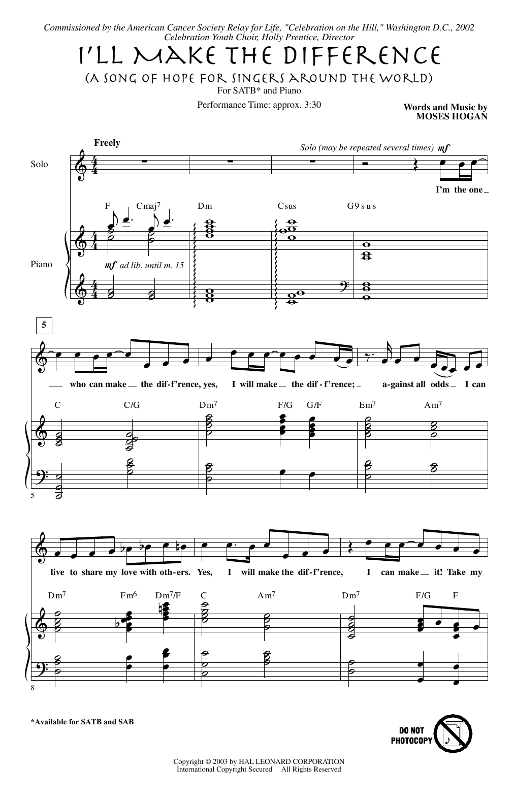Moses Hogan I'll Make The Difference (A Song Of Hope For Singers Around The World) sheet music, chords, lyrics - Printable PDF for SATB Choir