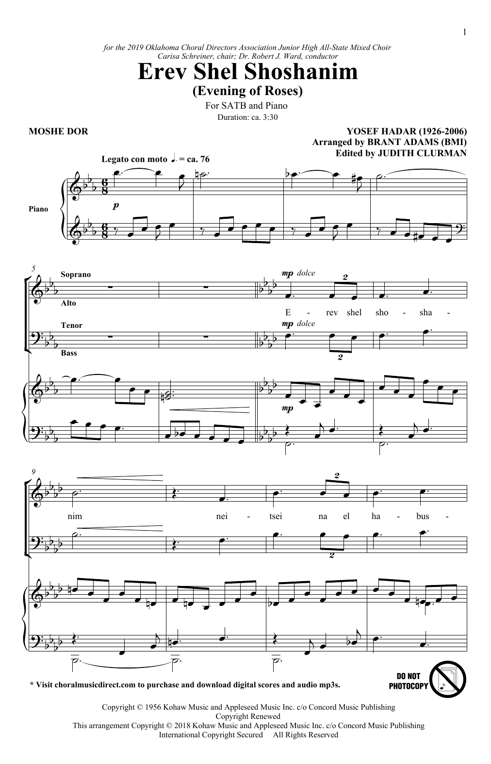 Moshe Dor & Yosef Hadar Erev Shel Shoshanim (arr. Brant Adams) sheet music, chords, lyrics - Printable PDF for SATB Choir