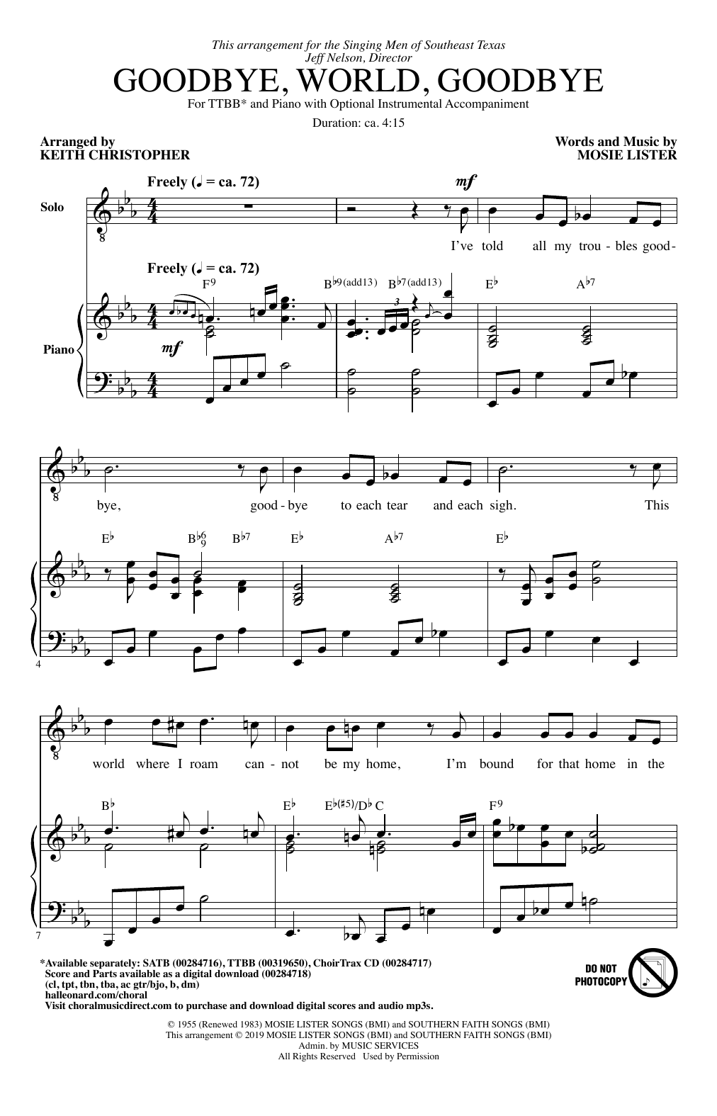 Mosie Lister Goodbye, World, Goodbye (arr. Keith Christopher) sheet music, chords, lyrics - Printable PDF for TTBB Choir