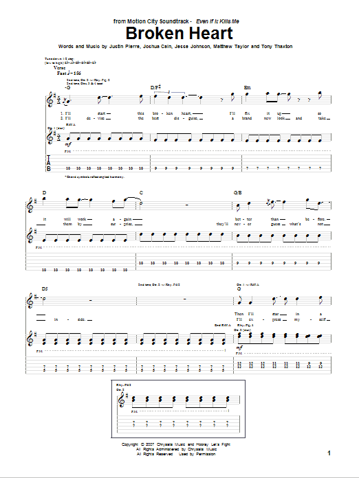 Learn to play Motion City Soundtrack Broken Heart sheet music for Guitar Tab in minutes. Motion City Soundtrack Broken Heart sheet music preview music notes and score for Guitar Tab including 6 page(s)