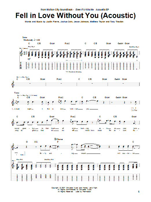 Learn to play Motion City Soundtrack Fell In Love Without You (Acoustic Version) sheet music for Guitar Tab in minutes. Motion City Soundtrack Fell In Love Without You (Acoustic Version) sheet music preview music notes and score for Guitar Tab including 3 page(s)