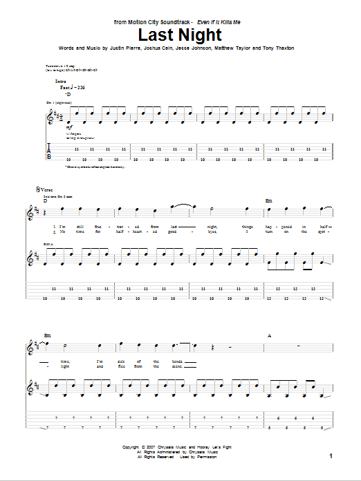 Motion City Soundtrack Last Night sheet music preview music notes and score for Guitar Tab including 10 page(s)
