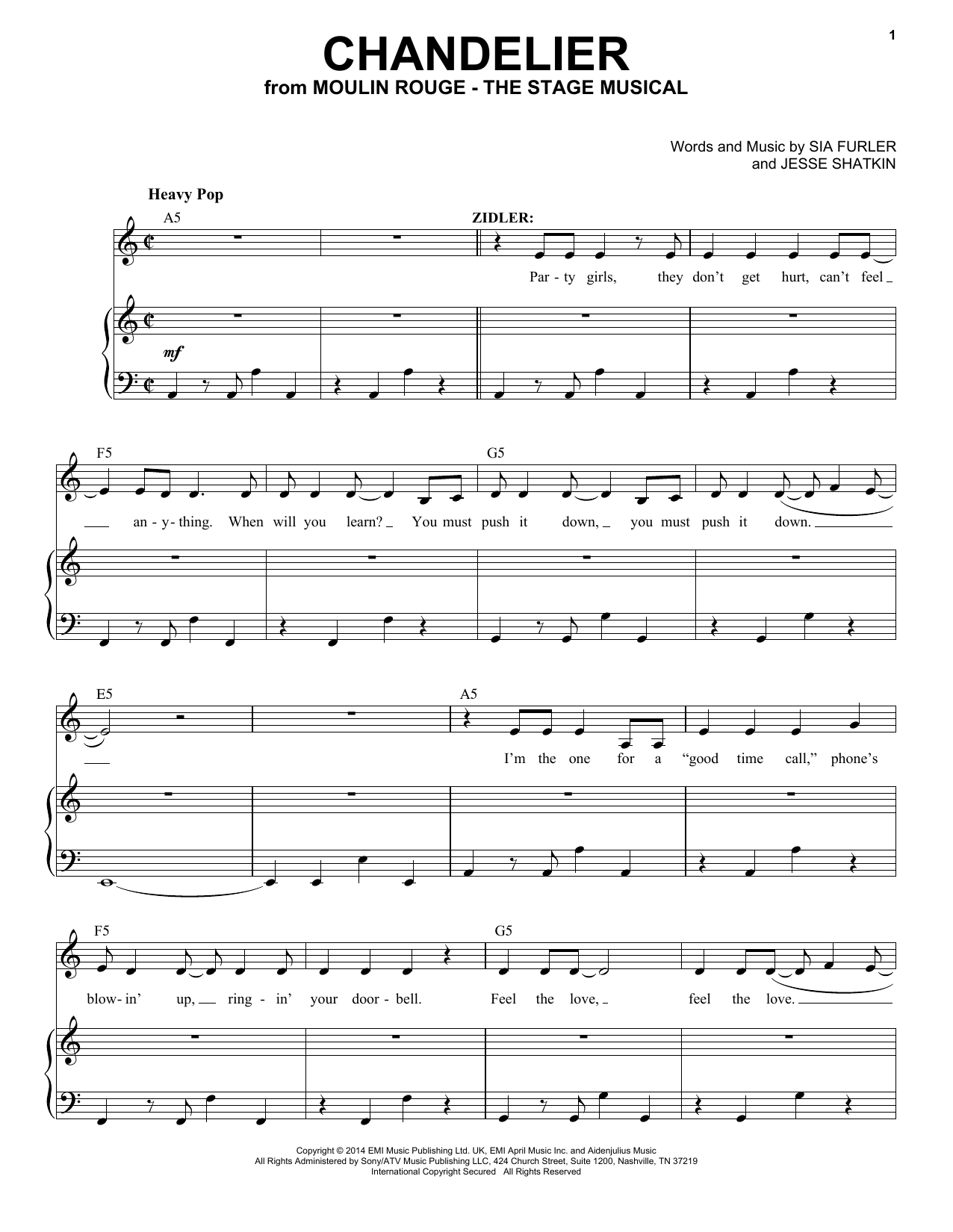 Moulin Rouge! The Musical Cast Chandelier (from Moulin Rouge! The Musical) sheet music, chords, lyrics - Printable PDF for Piano & Vocal