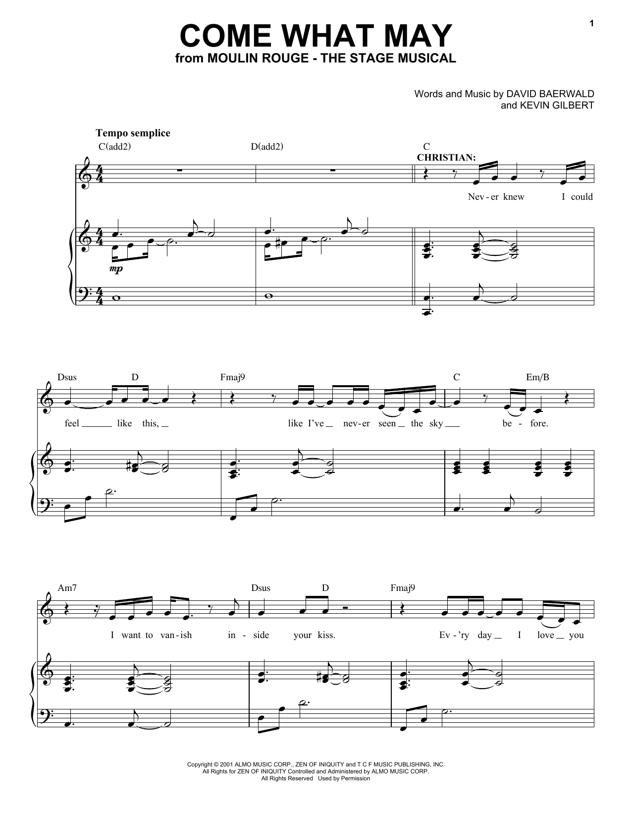 Moulin Rouge! The Musical Cast Come What May (from Moulin Rouge! The Musical) sheet music, chords, lyrics - Printable PDF for Piano & Vocal