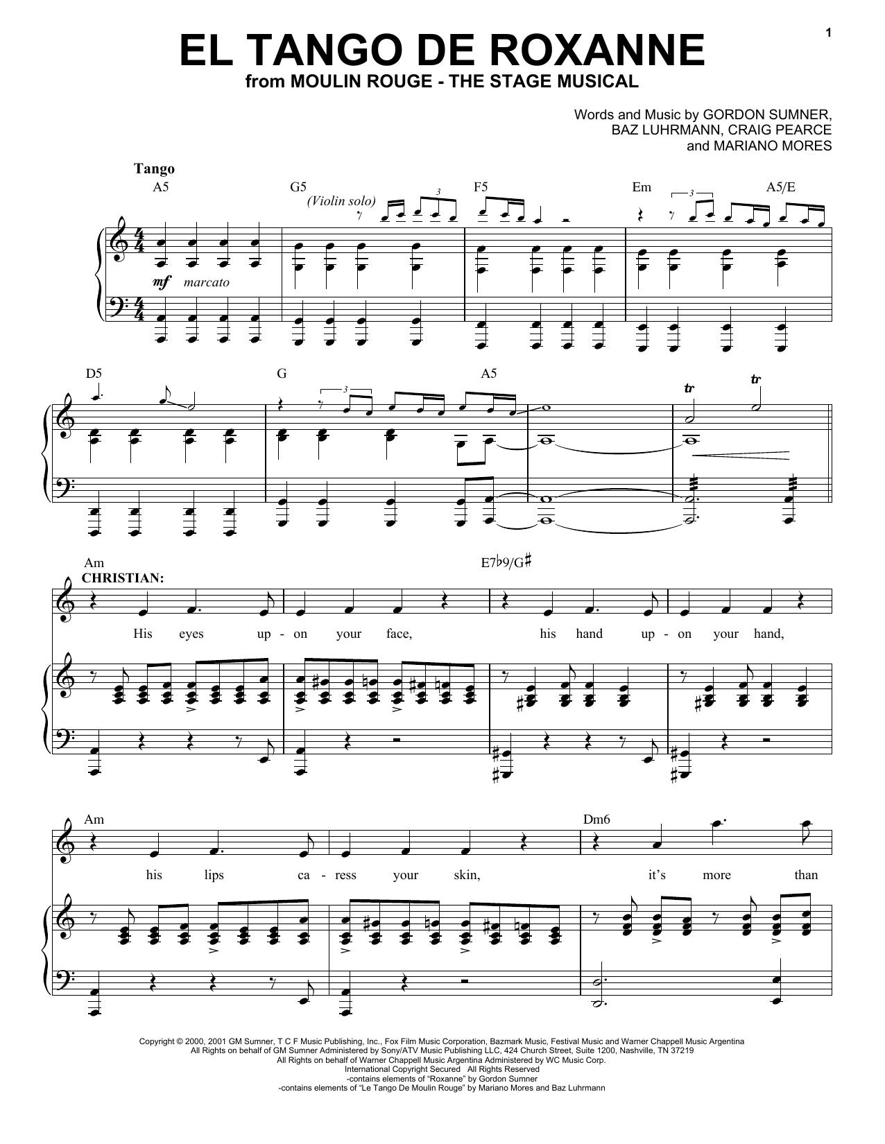 Moulin Rouge! The Musical Cast El Tango De Roxanne (from Moulin Rouge! The Musical) sheet music, chords, lyrics - Printable PDF for Piano & Vocal