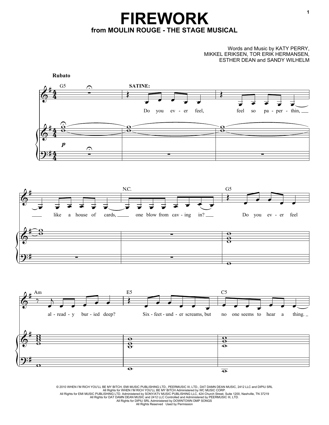 Moulin Rouge! The Musical Cast Firework (from Moulin Rouge! The Musical) sheet music, chords, lyrics - Printable PDF for Piano & Vocal