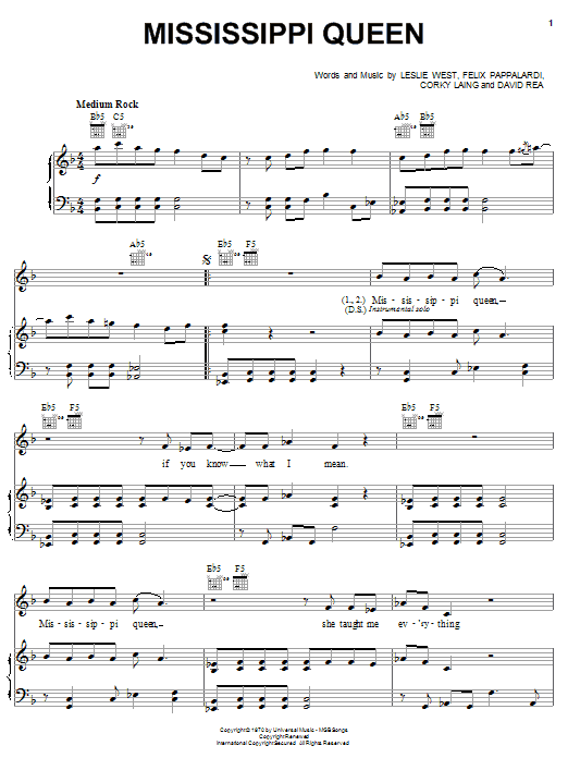 Download Mountain Mississippi Queen sheet music notes and chords for Piano, Vocal & Guitar (Right-Hand Melody) - Download Printable PDF and start playing in minutes.