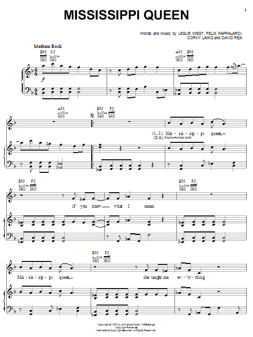 Mountain Mississippi Queen sheet music preview music notes and score for Piano, Vocal & Guitar (Right-Hand Melody) including 3 page(s)