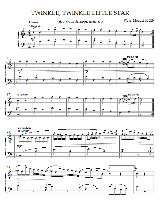 Wolfgang Amadeus Mozart Twinkle, Twinkle, Little Star (Ah! Vous dirai-je, maman) Theme sheet music, chords, lyrics - Printable PDF for Piano