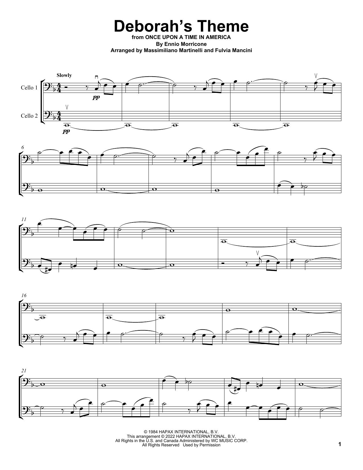 Mr & Mrs Cello Deborah's Theme (from Once Upon A Time In America) sheet music, chords, lyrics - Printable PDF for Cello Duet