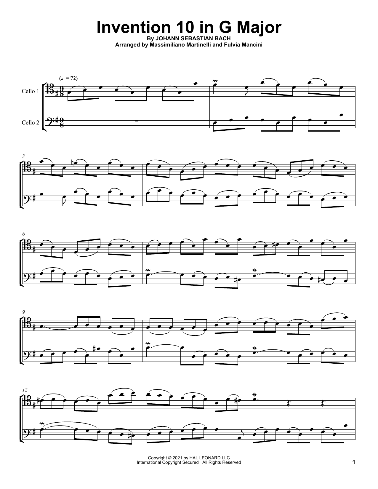 Mr & Mrs Cello Invention 10 In G Major sheet music, chords, lyrics - Printable PDF for Cello Duet