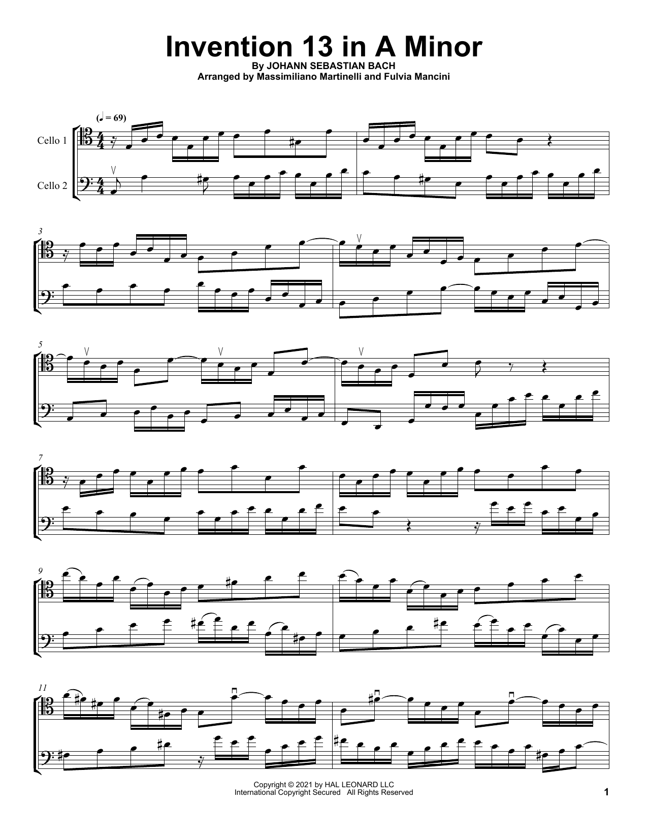 Mr & Mrs Cello Invention 13 In A Minor sheet music, chords, lyrics - Printable PDF for Cello Duet