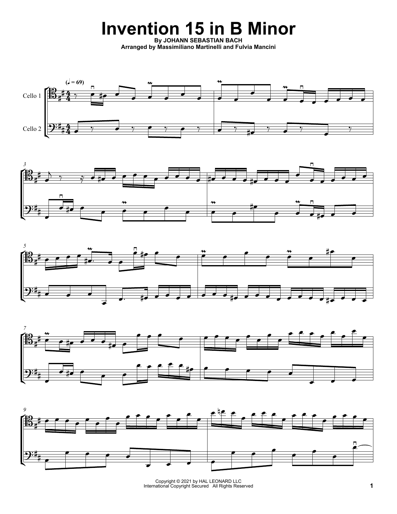 Mr & Mrs Cello Invention 15 In B Minor sheet music, chords, lyrics - Printable PDF for Cello Duet