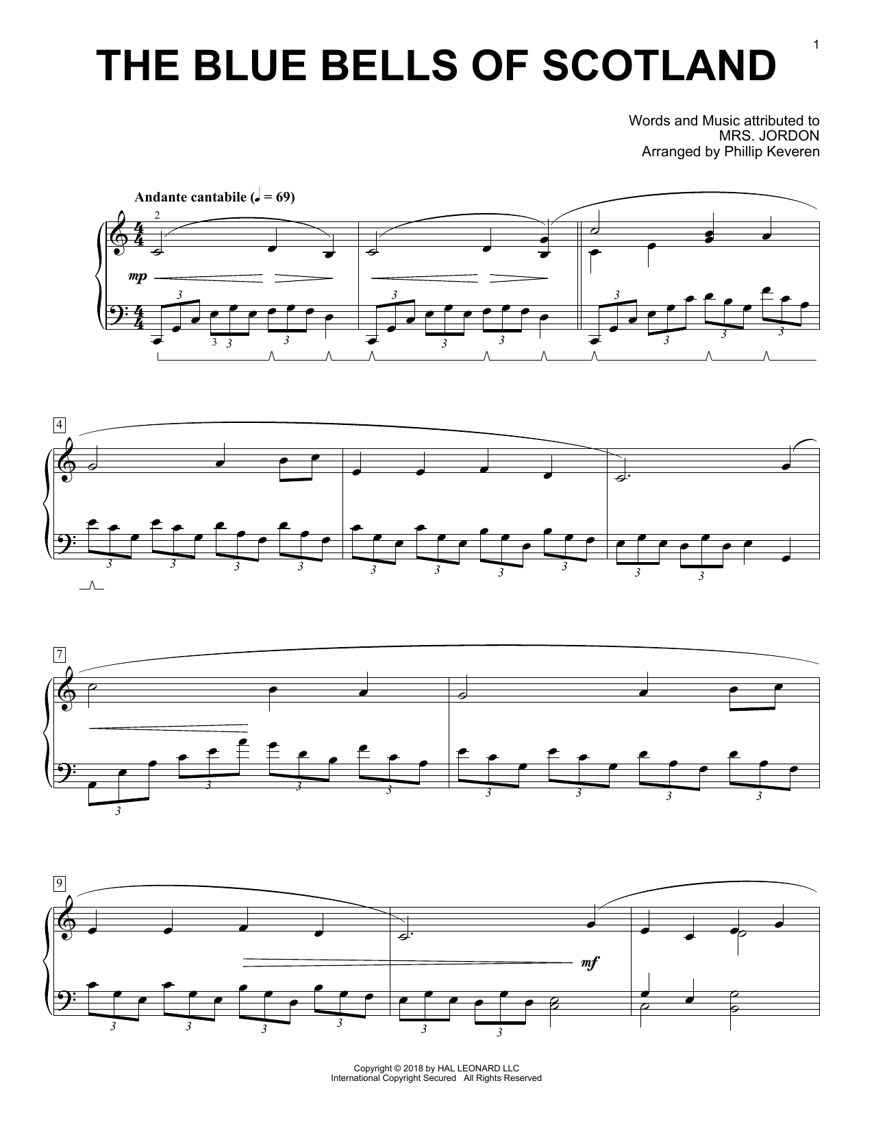Mrs. Jordon, c. 1800 The Blue Bells Of Scotland (arr. Phillip Keveren) sheet music, chords, lyrics - Printable PDF for Piano
