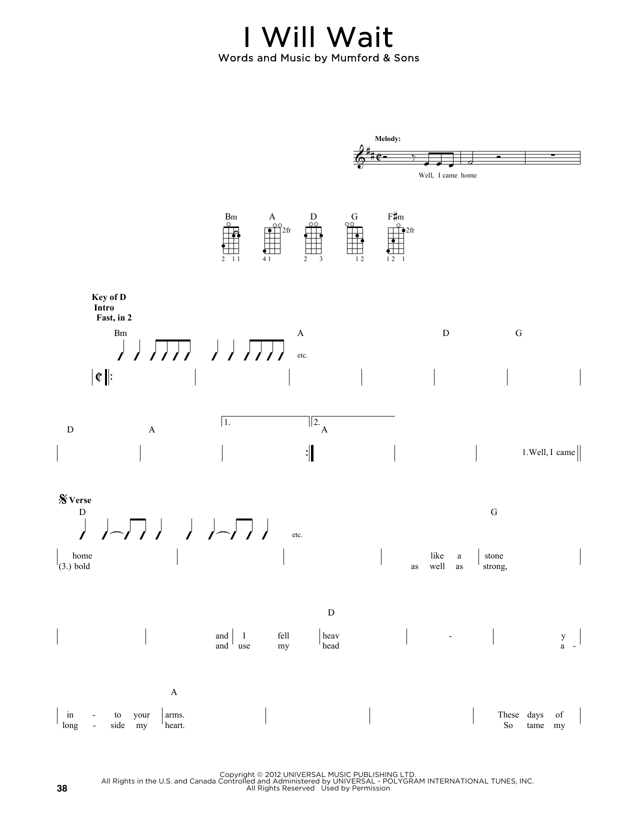 Mumford & Sons I Will Wait (arr. Fred Sokolow) sheet music, chords, lyrics - Printable PDF for Mandolin