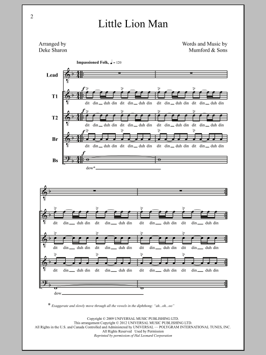 Mumford & Sons Little Lion Man (arr. Deke Sharon) sheet music, chords, lyrics - Printable PDF for TTBB