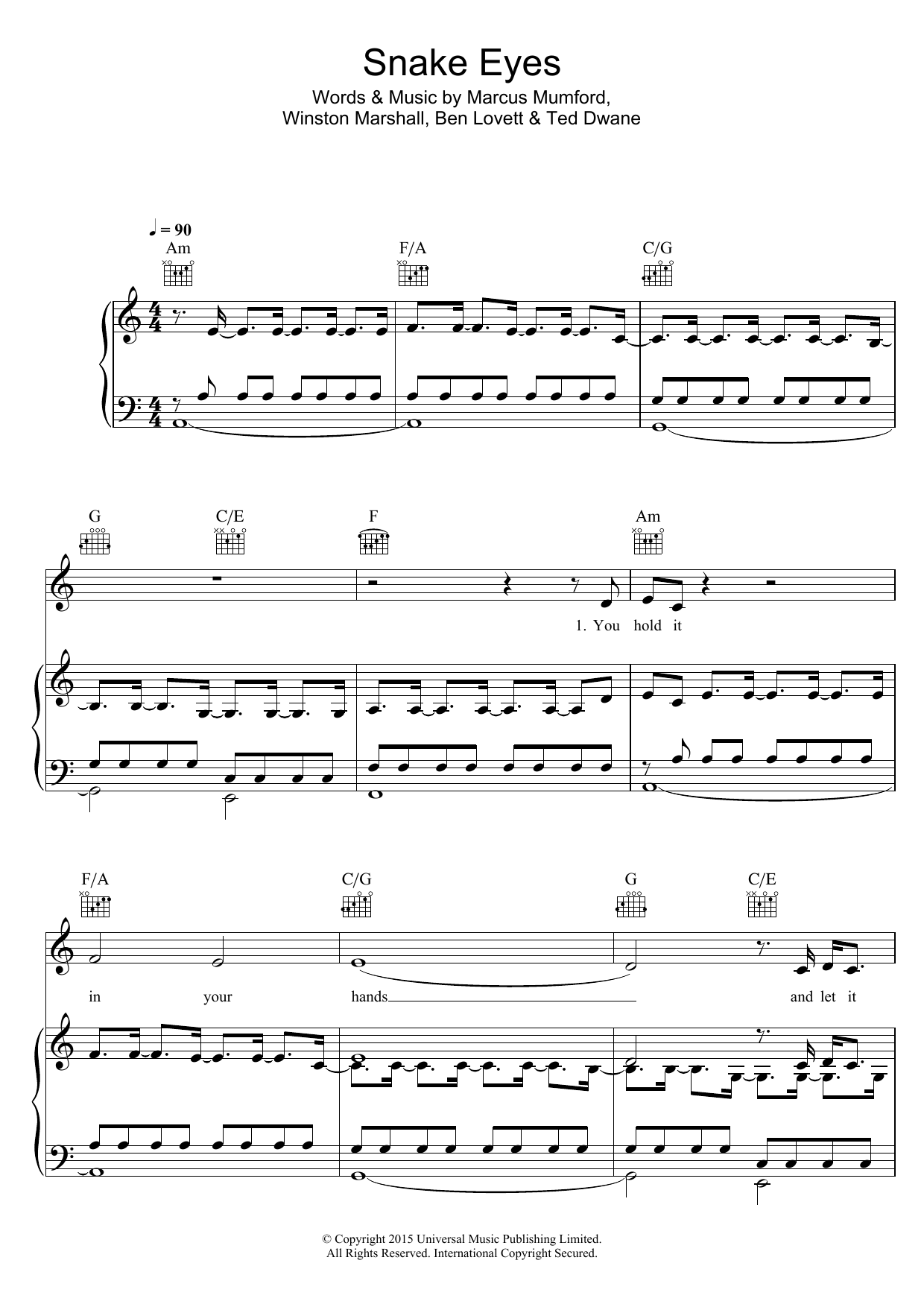 Mumford & Sons Snake Eyes sheet music, chords, lyrics - Printable PDF for Piano, Vocal & Guitar (Right-Hand Melody)
