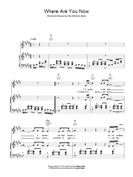 Mumford & Sons Where Are You Now sheet music, chords, lyrics - Printable PDF for Piano, Vocal & Guitar (Right-Hand Melody)