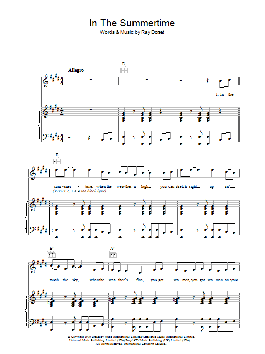 Mungo Jerry In The Summertime sheet music preview music notes and score for Piano, Vocal & Guitar including 2 page(s)