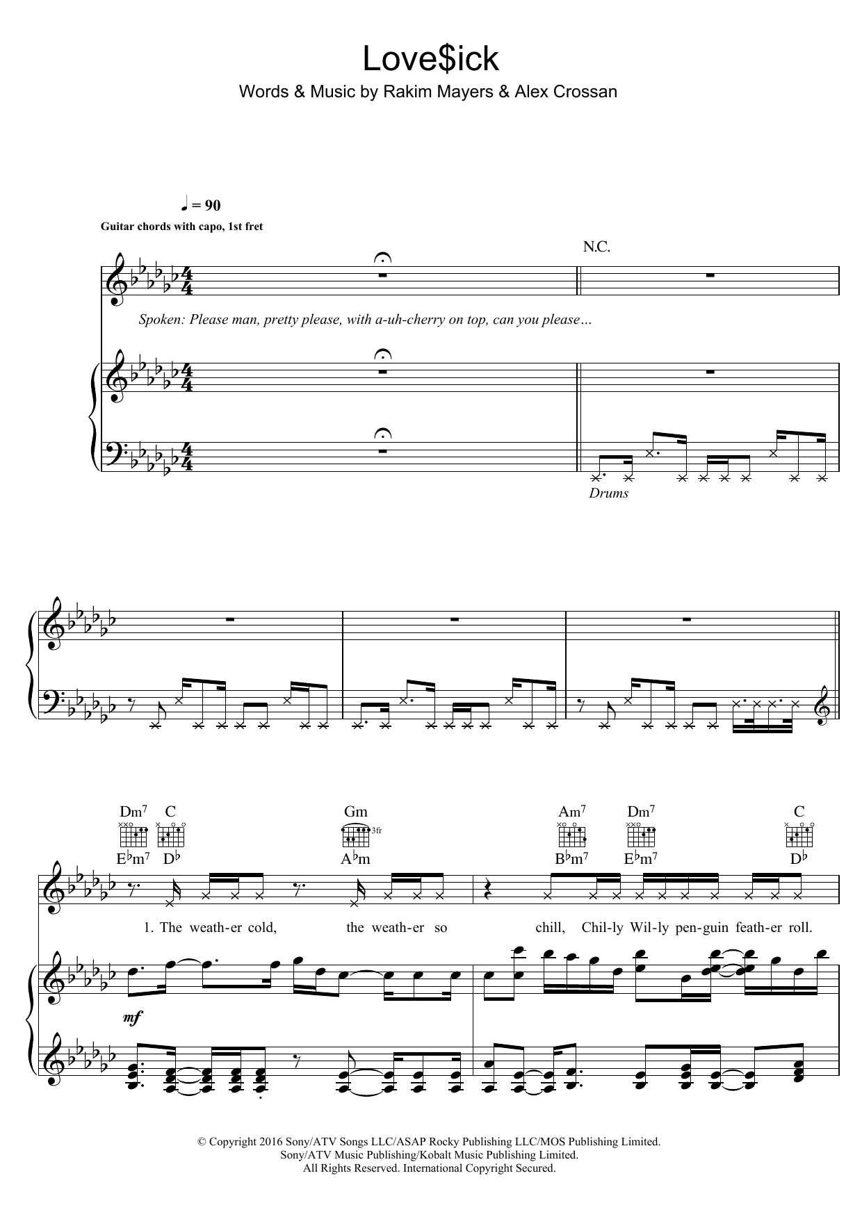 Mura Masa Love$ick (feat. A$AP Rocky) sheet music, chords, lyrics - Printable PDF for Piano, Vocal & Guitar (Right-Hand Melody)