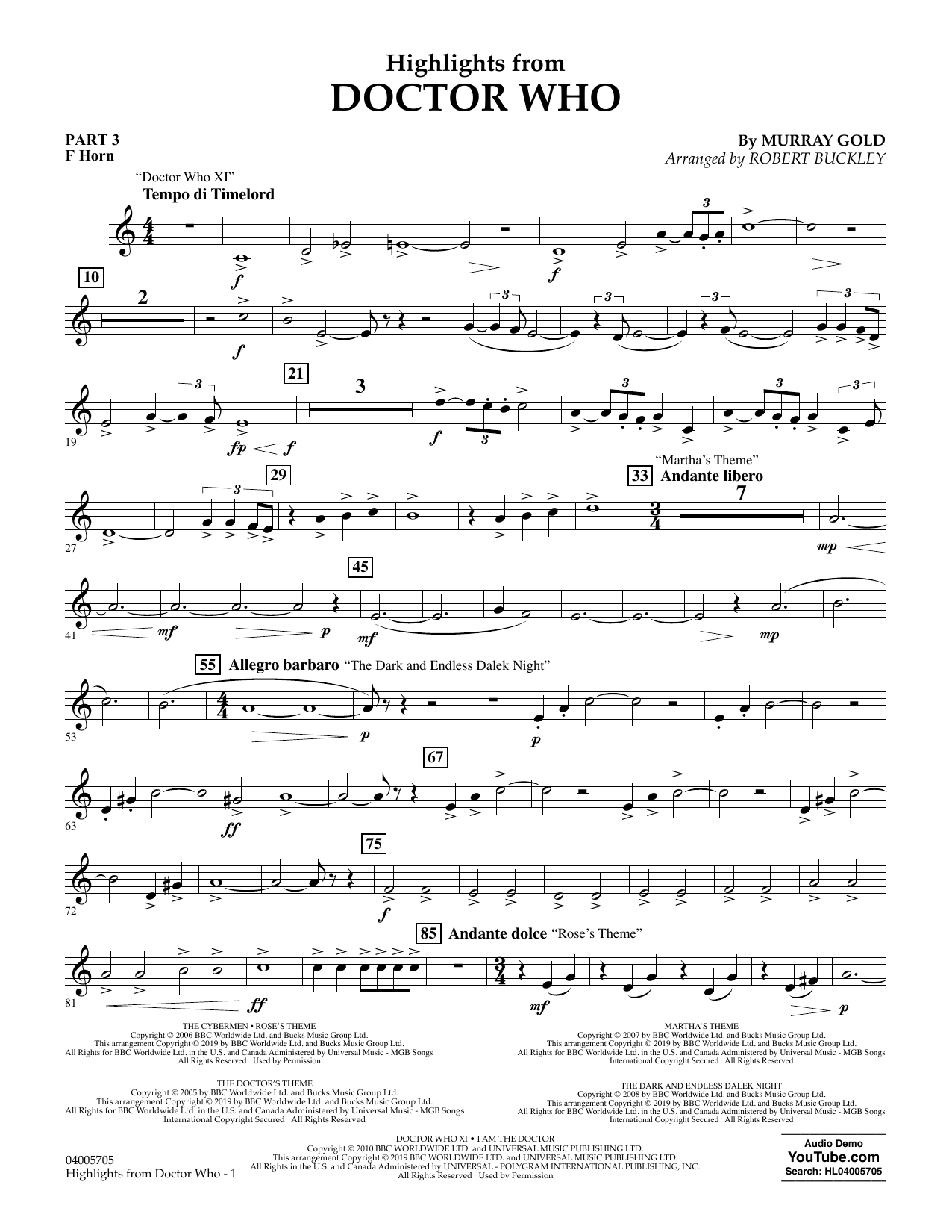 Murray Gold Highlights from Doctor Who (arr. Robert Buckley) - Pt.3 - F Horn sheet music, chords, lyrics - Printable PDF for Flex-Band