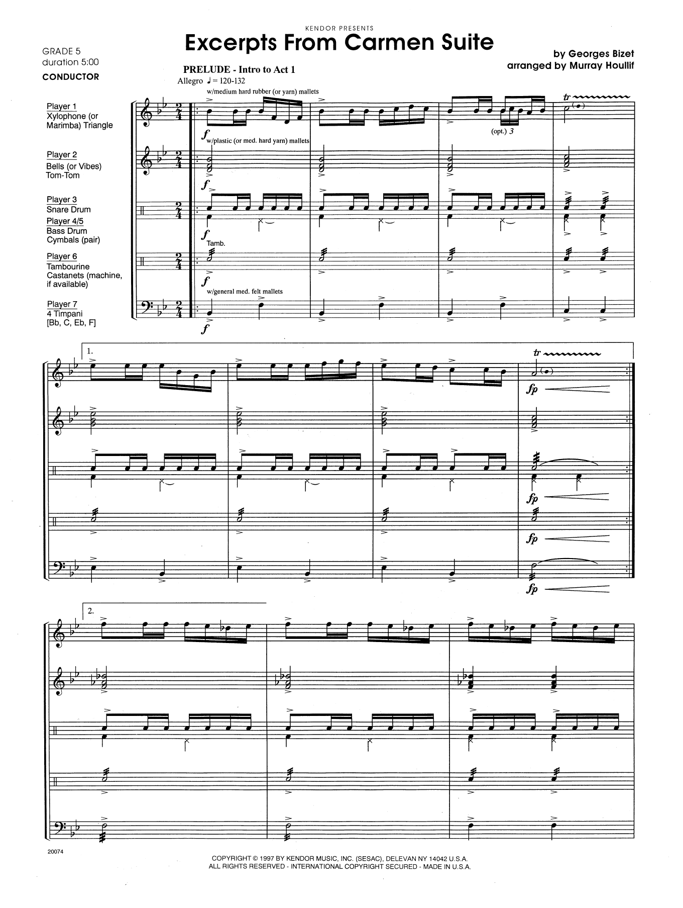Learn to play Murray Houllif Excerpts From Carmen Suite - Full Score sheet music for Percussion Ensemble in minutes. Murray Houllif Excerpts From Carmen Suite - Full Score sheet music preview music notes and score for Percussion Ensemble including 11 page(s)