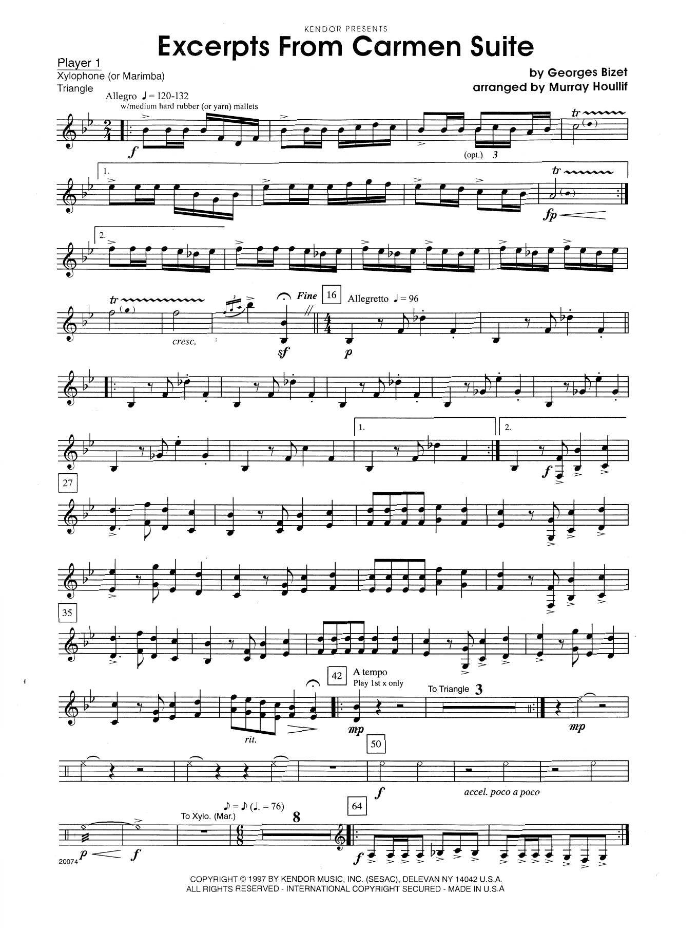Learn to play Murray Houllif Excerpts From Carmen Suite - Percussion 1 sheet music for Percussion Ensemble in minutes. Murray Houllif Excerpts From Carmen Suite - Percussion 1 sheet music preview music notes and score for Percussion Ensemble including 2 page(s)