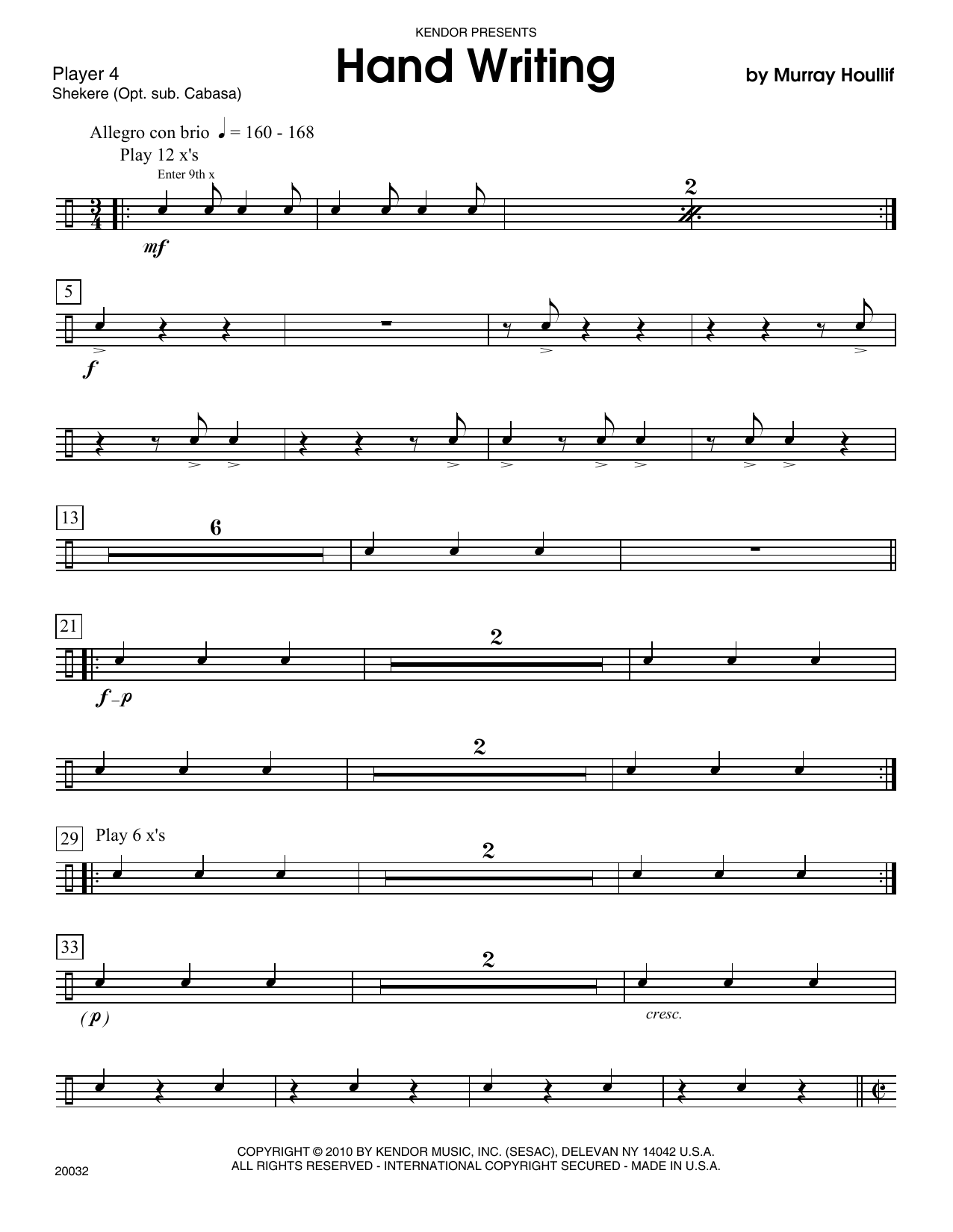Learn to play Murray Houllif Hand Writing - Percussion 4 sheet music for Percussion Ensemble in minutes. Murray Houllif Hand Writing - Percussion 4 sheet music preview music notes and score for Percussion Ensemble including 2 page(s)