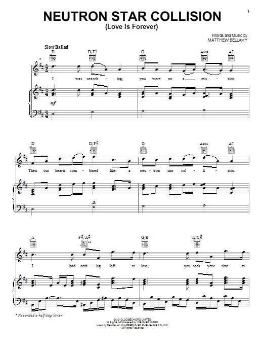 Learn to play Muse Neutron Star Collision (Love Is Forever) sheet music for Piano, Vocal & Guitar (Right-Hand Melody) in minutes. Muse Neutron Star Collision (Love Is Forever) sheet music preview music notes and score for Piano, Vocal & Guitar (Right-Hand Melody) including 6 page(s)