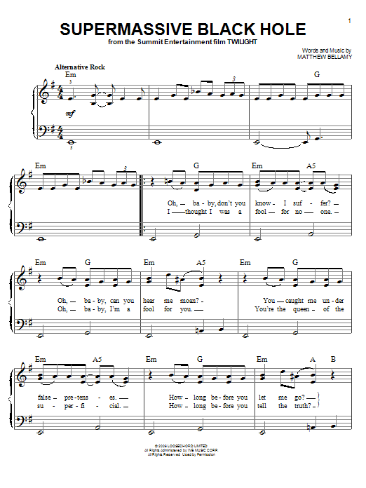 Learn to play Muse Supermassive Black Hole sheet music for Piano, Vocal & Guitar (Right-Hand Melody) in minutes. Muse Supermassive Black Hole sheet music preview music notes and score for Piano, Vocal & Guitar (Right-Hand Melody) including 5 page(s)